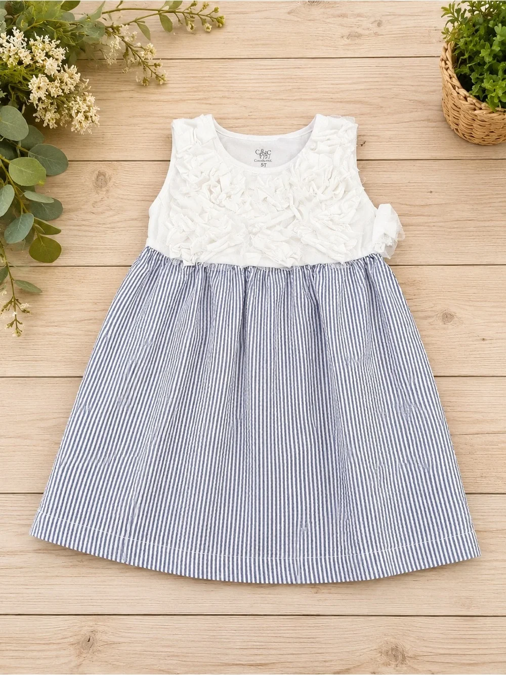 1989 Place Seersucker Dress White Ruffle Baby Girl Blue Stripe 3T